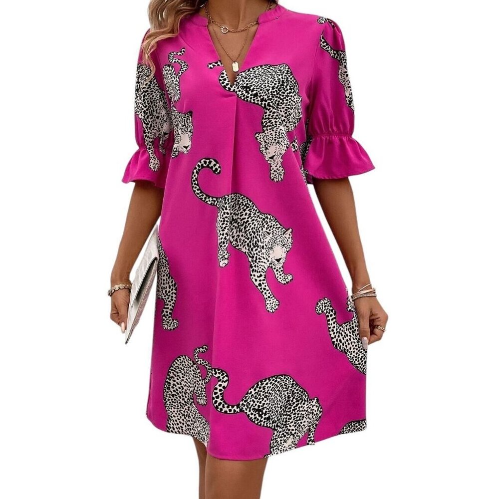 NWT Bright Pink FUN Big Cats Fuchsia Short Sleeve Dress Sizes XL
